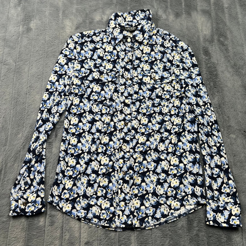 Lauren Ralph Lauren Blue White Floral Button Down Shirt XS Stretch Jersey LRL